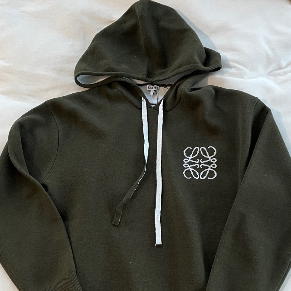 Loewe Anagram Embroidered Wool Hoodie in dark green.